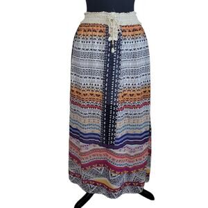 Boho Geo Maxi Skirt L Festival Western Hippie Summer Vacation Cowgirl Flowy
